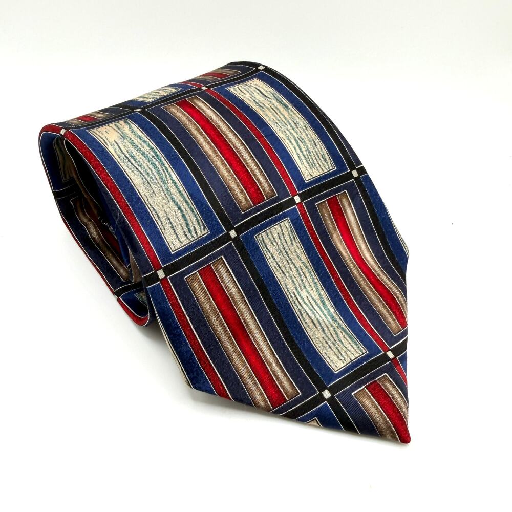Vintage 90s Albert Nipon Navy Blue Red Silk Geometric Stripe Necktie